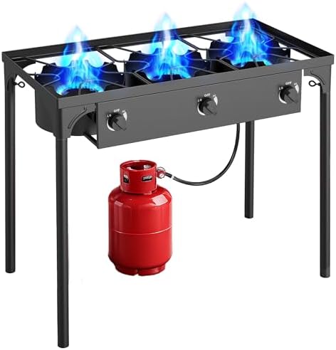 3 Burner Propane Camping Stove|225,000 BTU High-Pressure Gas Stove with Regulator|Portable for Backyard, Patio BBQ, Outdoor Cooking|parrillas de gas para cocinar afuera