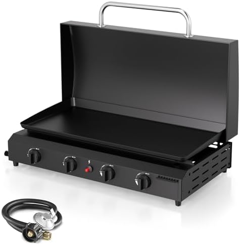 4 Burner BBQ Gas Griddle with Hood, 30 Inch Stainless Steel Portable Detachable Propane Griddle, 60,000 BTU Flat Top Grill with Lid for Camping, Black