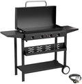 4 Burner BBQ Gas Griddle with Hood, 30 Inch Stainless Steel Portable Detachable Propane Griddle, 60,000 BTU Flat Top Grill with Side Shelves for Camping, Black