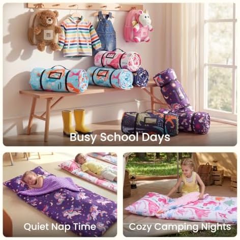JOIEDOMI Toddler Nap Mat with Removable Pillow and Minky Blanket 55''x30'' Kids Sleeping Bag for Boys and Girls Ages 3-6 Roll Up Soft Nap Mats for Preschool Kindergarten Daycare Sleepover