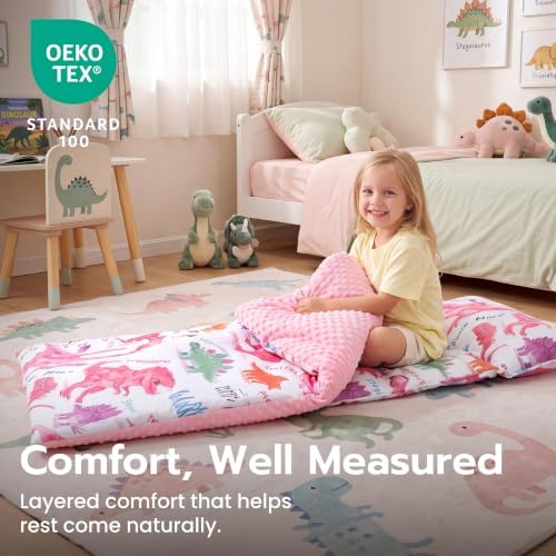 JOIEDOMI Toddler Nap Mat with Removable Pillow and Minky Blanket 55''x30'' Kids Sleeping Bag for Boys and Girls Ages 3-6 Roll Up Soft Nap Mats for Preschool Kindergarten Daycare Sleepover