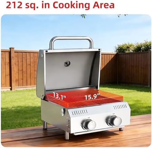 Veralune Tabletop Gas Grill, Small Propane Grill, Portable 2 Burner Gas Grill, Locking Lid, 20,000 BTUs, Built-in Thermometer, Stainless Steel