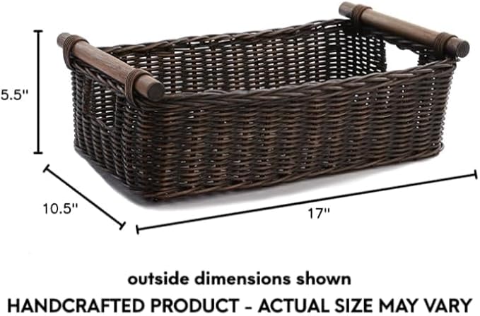 The Basket Lady Low Pole Handle Wicker Storage Basket, Medium, 17 in L x 10.5 in W x 5.5 in H, Antique Walnut Brown