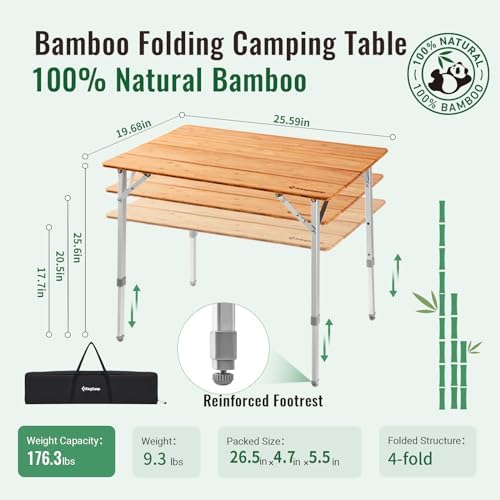 KingCamp Folding Camping Table Bamboo 4-Fold Adjustable Portable Table
