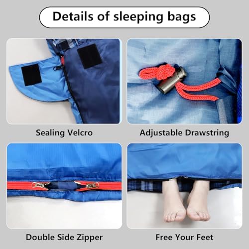 ShinHye Double Sleeping Bag for Adults with 2 Pillows, Camping Sleeping Bags Flannel Cotton 2 Person Sleeping Bags XXL Queen Size Sleeping Bag for Cold Weather