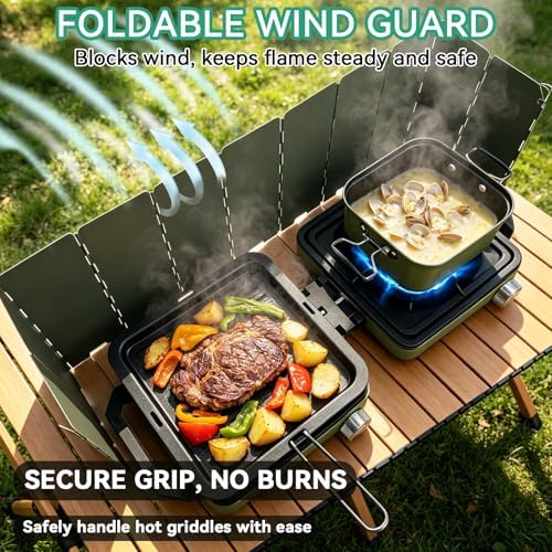 2 Burner Portable Propane Camping Stove Kit, 24000 BTU Foldable Hiking Stove with Frying Pan, Pot, Windshield & Carry Bag, Outdoor Cookware Camp Cooking Set for Tailgating, BBQ, Picnic, Green