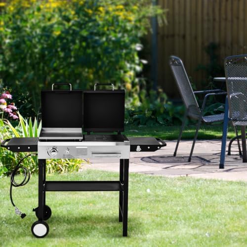 ROVSUN Dual Fuel Propane Gas Grill & Charcoal Grill Combo, 12000 BTU Freestanding Flat Top Griddle & Charcoal BBQ Grill with Ignition, Lids & Portable Cart for Outdoor Backyard Cooking Barbecue