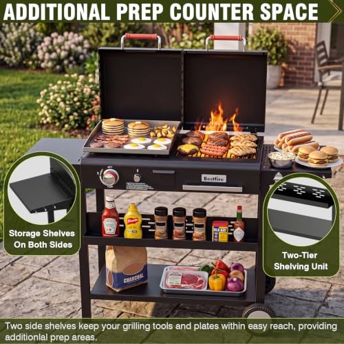 Bestfire Dual Fuel Gas & Charcoal Grill Combo, 327 Sq.In Propane Flat Top Griddle w/Cast Iron Griddle, Dual Lids, Side Shelves, Outdoor Griddle for Small Gatherings & Cookouts