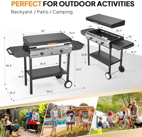ROVSUN 2-in-1 Propane Stove & 30'' Griddle Combo with Ignition, 2 Burner 150,000 BTU Gas Stove & Grill with Side Shelves, Rolling Wheel & Regulator for Home Outdoor Backyard Camping Cooking Grilling