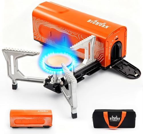 BIG HORN OUTDOORS Butane Camping Stove, Portable Folding Gas Burner with Carry Bag for Camping, Emergency Use and Outdoor Cooking, Orange