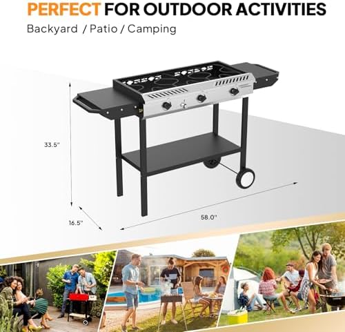 Bonnlo 3 Burner Propane Stove with Inginition, 225000BTU Gas Stove with Side Table Storage Shelf and Portable Rolling Wheels, Gas Burner for Outdoor Camping Patio Backyard Cooking Boiling Frying