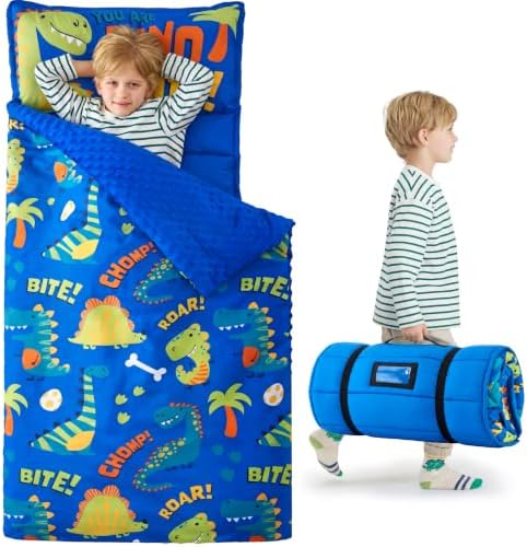 JOIEDOMI Toddler Nap Mat with Removable Pillow and Minky Blanket 55''x30'' Kids Sleeping Bag for Boys and Girls Ages 3-6 Roll Up Soft Nap Mats for Preschool Kindergarten Daycare Sleepover