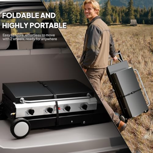 ROVSUN 4 Burner Foldable Propane Griddle with Wheels, Enameled Tray & Lid, 40000 BTU Portable Rolling Flat Top Gas Grill with Electronic Ignition & Regulator for Outdoor Cooking Camping BBQ Tailgating