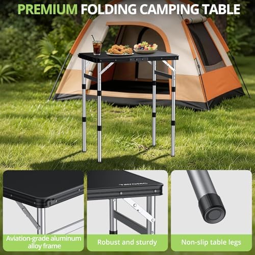 2ft Plastic Folding Table, 3 Adjustable Height Waterproof Small Folding Camping Table Lightweight & Portable with Carry Handle, for Indoor Outdoor RV Travel Picnic Beach, 22.8" X 15.7", Black