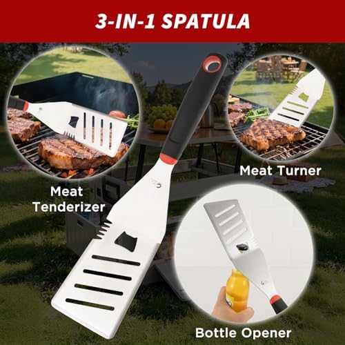BBQ Tools Set, 4 PCS Heavy Duty Stainless Steel Spatula, Fork, Tongs with Portable Bag, Essential Accessories for Barbecue Outdoor Grill, Grilling Gifts for Men Dad Camp Chef