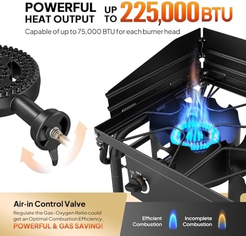 ROVSUN 3 Burner Gas Stove with 2 Side Shelves, 225,000BTU Portable Propane Stove with Removable Leg, Wind Panel, Regulator for Camping Home Backyard Outdoor Cooking Brewing Canning Turkey Frying