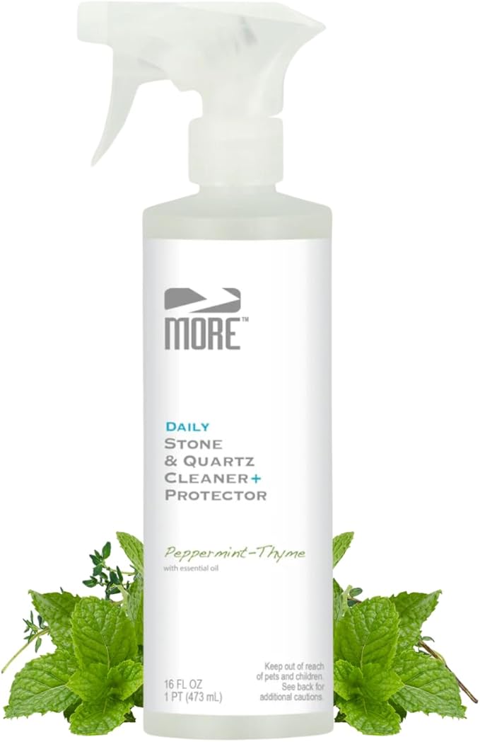 MORE Stone & Quartz Cleaner + Protector - Water-Based Surface Spray - Granite, Quartz & Marble Cleaner - For Kitchen & Bathroom Countertops & Floors - Peppermint-Thyme Essential Oil - Pint (16oz)