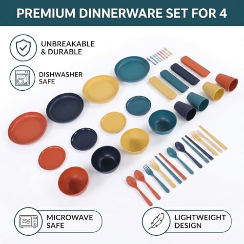 POCREATION Unbreakable Dinnerware Sets, 4 People PP Plates Bowls Mugs Cutlery Set Dishwasher Microwave Safe Lightweight for Camping Picnic Home Party Travel