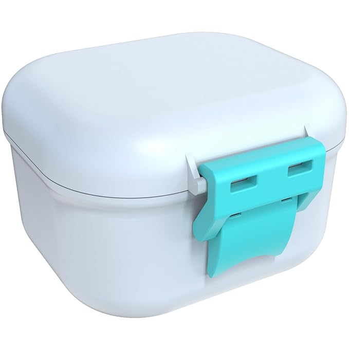 ARGOMAX Leak Proof Denture Bath Cup, Portable Soaking Denture Box, Denture Bath Case with Strainer, for Dentures and Braces (White + Cyan).