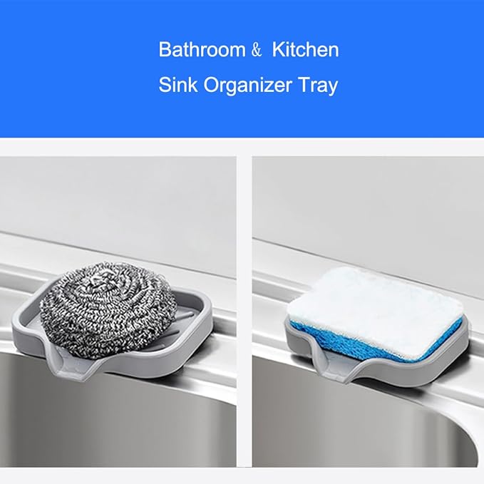 Sponge Holder with Drain Spout, Silicone Sponge Tray for Kitchen Sink, Rubber Soap Dish for Shower Bathroom (Grey, 4.7" x 3.6")