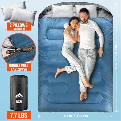 MEREZA Double Sleeping Bag for Adults Mens with Pillow, XL Queen Size Two Person Sleeping Bag for All Season Camping Hiking Backpacking 2 Person Sleeping Bags for Cold Weather & Warm