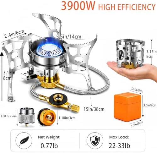 3900W Camping Backpacking Stove with Piezo Ignition, Fuel Canister Adapters