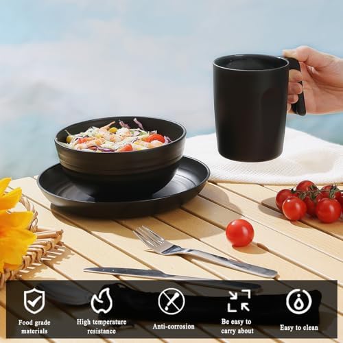 Camping Utensils, Reanea Camping Mess Kit for Travel, Camping, Picnic, Outdoor, Camping Gear Include Knife, Spoon, Fork Cutlery Set, Cup, Bowl, Plate, Camping Essentials for 1