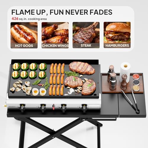 ROVSUN 4 Burner Foldable Propane Griddle with Wheels & Enameled Tray, 40000 BTU Portable Flat Top Gas Grill with Electronic Ignition & Regulator for Outdoor Cooking Camping BBQ Tailgating Picnicking
