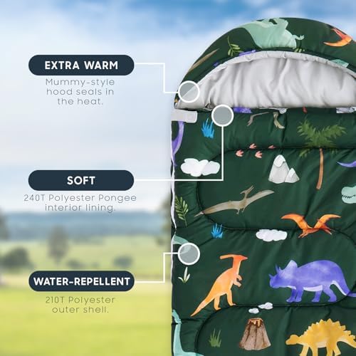 Wake In Cloud Kids Sleeping Bag for Boys Camping, Dinosaur
