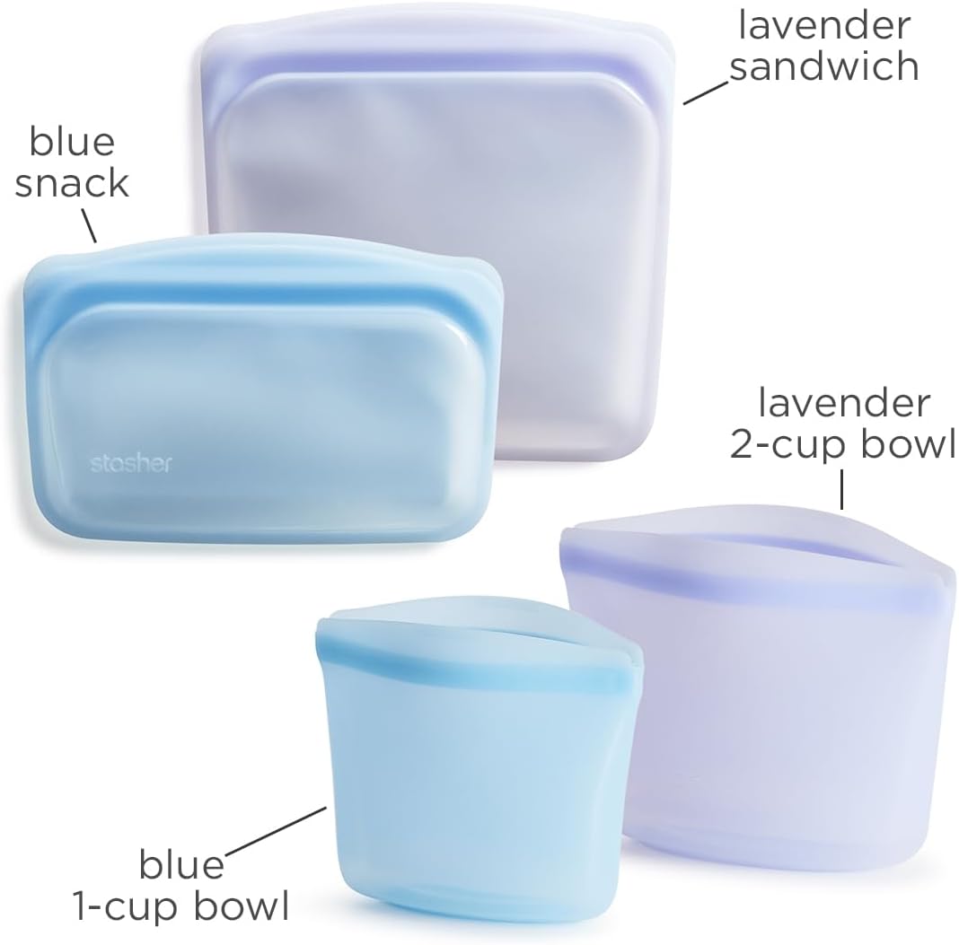 Stasher Premium Silicone Reusable Food Storage Bags, 4-Pack, Multi, Multi-Use Food Storage Bags, Lunch Bag, Travel Containers, BPA Free, Leak-free, Dishwasher-Safe, Eco-friendly