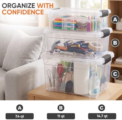 Superio 11 Quart Clear Plastic Storage Boxes with Lids, Stackable Organizer Containers, BPA-Free Storage Bins for Home, Office, School & Dorm, 3 Pack