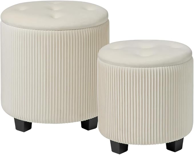 Big Round Ottoman with Storage Set of 2,Upholstered Velvet Vanity Stool for Makeup Multifunctional Foot Rest Coffee Table Padded Seat Tufted Ottomans for Living Room&Bedroom（White）