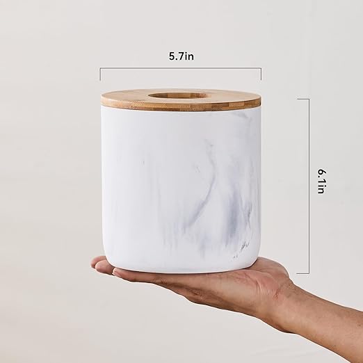Polytree Marble White Mini Trash Can with Bamboo Lid,Small Countertop Trash Can,Desk Trash Can,Table top Mini Garbage Cans,Resin Tiny Waste Basket