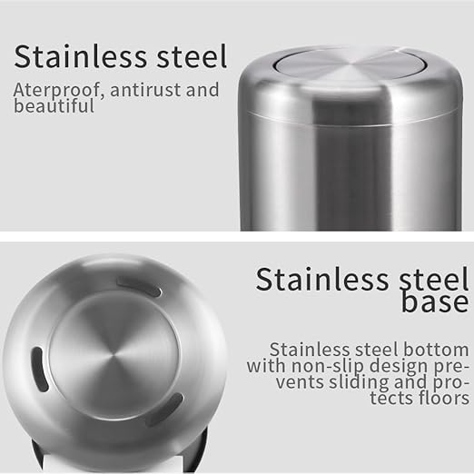Waste Can 3 Gallon with Swing Lid，Brushed Stainless Steel Trash Can，Metal Cylindrical Garbage Can，Brass Wastebasket Bin for Bathroom,LivingRoom,Office,Kitchen,Bedroom,Hotel (Sliver)