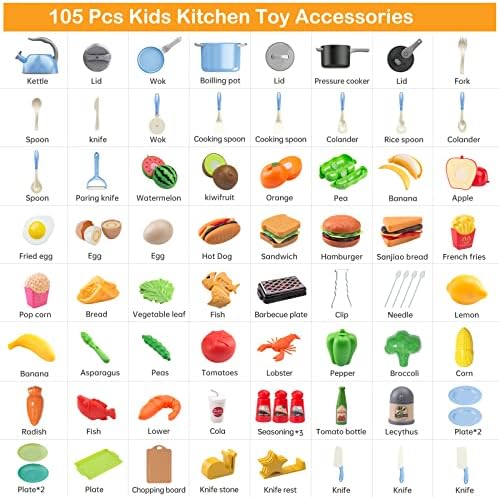 105Pcs Kids Kitchen Toy Accessories, Toddler Pretend BBQ Camping Cooking Playset, Play Pots, Pans, Utensils Cookware Toys, Play Food Set, Vegetables, Learning Gift for Girls Boys