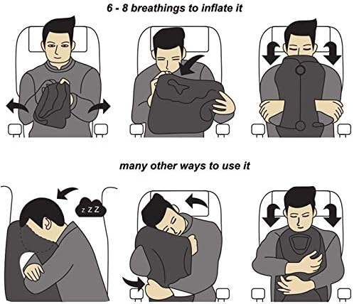 Inflatable Travel Air Pillow for Sleeping to Avoid Neck and Shoulder Pain, Comfortably Support Head and Lumbar, Used for Airplane, Car, Bus and Office (Grey)