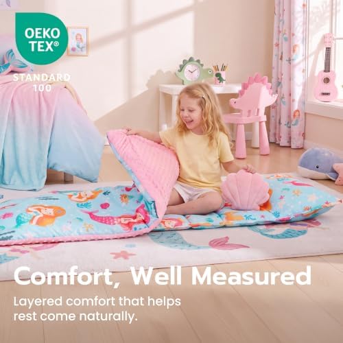 JOIEDOMI Toddler Nap Mat with Removable Pillow and Minky Blanket 55''x30'' Kids Sleeping Bag for Boys and Girls Ages 3-6 Roll Up Soft Nap Mats for Preschool Kindergarten Daycare Sleepover