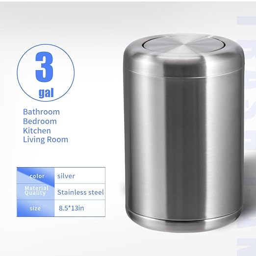 Waste Can 3 Gallon with Swing Lid，Brushed Stainless Steel Trash Can，Metal Cylindrical Garbage Can，Brass Wastebasket Bin for Bathroom,LivingRoom,Office,Kitchen,Bedroom,Hotel (Sliver)
