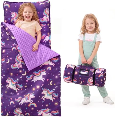 JOIEDOMI Toddler Nap Mat with Removable Pillow and Minky Blanket 55''x30'' Kids Sleeping Bag for Boys and Girls Ages 3-6 Roll Up Soft Nap Mats for Preschool Kindergarten Daycare Sleepover