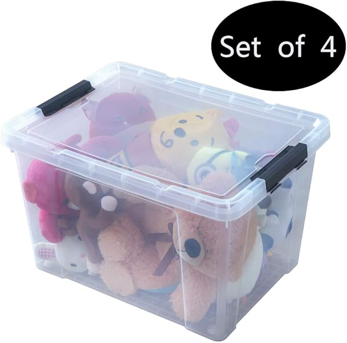 Ggbin 34 Quart Clear Lidded Storage Container Tote, Plastic Storage Box Bin with Black Latch, 4 Packs