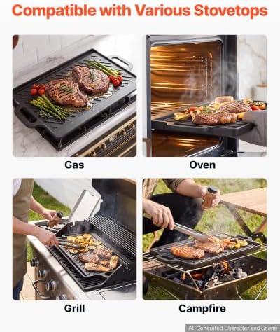 VEVOR Reversible Grill/Griddle 20x9 in Pre-Seasoned Cast Iron Pan Handle