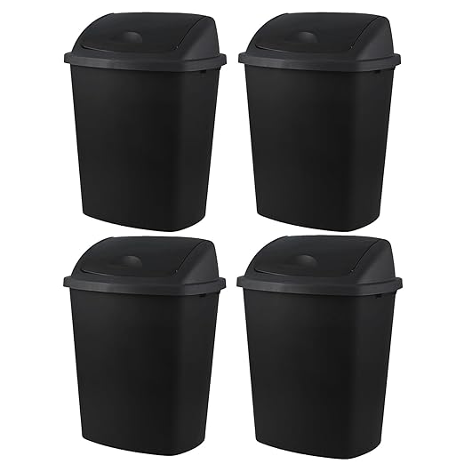 Bringer 18 Gallon Large Swing Top Trash Can, Plastic Garbage Can with Swing-Lid, Black, 4-Pack