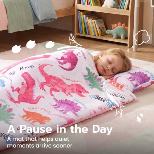 JOIEDOMI Toddler Nap Mat with Removable Pillow and Minky Blanket 55''x30'' Kids Sleeping Bag for Boys and Girls Ages 3-6 Roll Up Soft Nap Mats for Preschool Kindergarten Daycare Sleepover