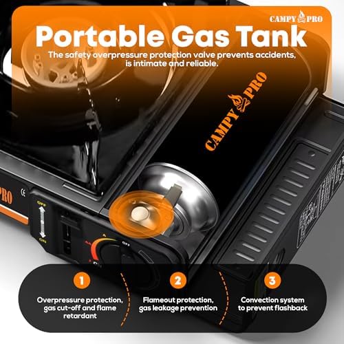 Portable Butane Gas Stove with Automatic Ignition and Carrying Case – Compact Camping Stove for Hiking, Outdoor Cooking, and Emergency Use (MAT BLACK)
