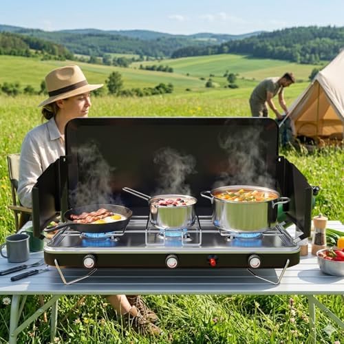 Bonnlo 3 Burner Camping Stove with Igniter, 25000 BTU Portable Propane Gas Stove with Built-in Handle & Foldable Wind Panel, Tabletop Outdoor Stove for Camping Kitchen, Tailgating, Grilling