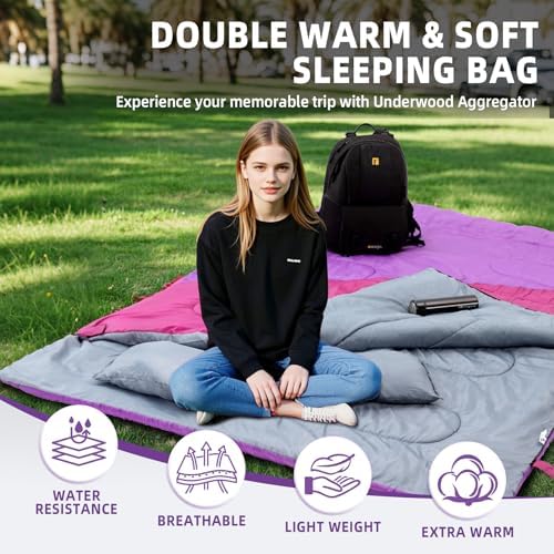Double Sleeping Bag for Adults Kids, Lightweight 2 Person Sleeping Bag