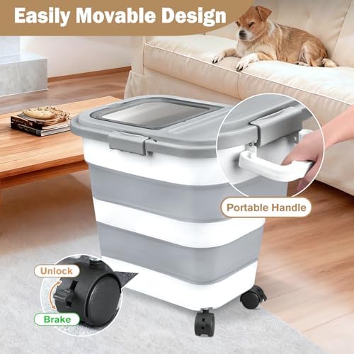 Komzon Rice Storage Container 10-40 lb, 25 lb Pet Dog Food Storage Container, Collapsible Airtight Rice Container,Rice Dispenser Bin with Cup and Scoop for Flour Cereal Pasta Grain, Cat Bird Food