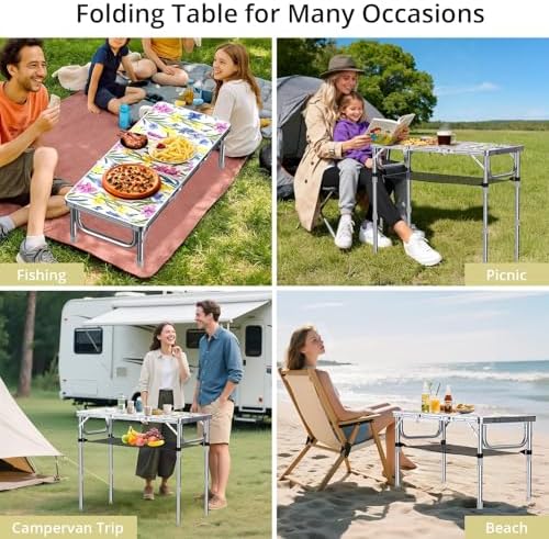 Anbte 3ft Folding Camping Table, 3 Adjustable Height Max 27.5",Floral Bloom