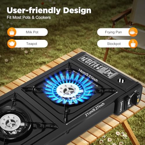 Portable Camping Stove, 2 Burners Butane Camping Stove with Carrying Case, Adjustable Fire Power Auto Ignition Camping Burner LPG for RV, Apartments, Outdoor & Indoor Use