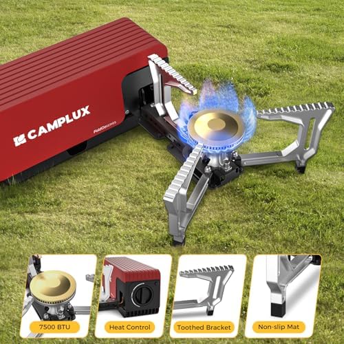 CAMPLUX FoldGo Camping Stove, 7500 BTU Portable Butane Gas Stove, Foldable Cassette Stove with Carry Bag & Adjustable Burner, CSA Certified Collapsible Butane Stove for Outdoor Cooking, Red